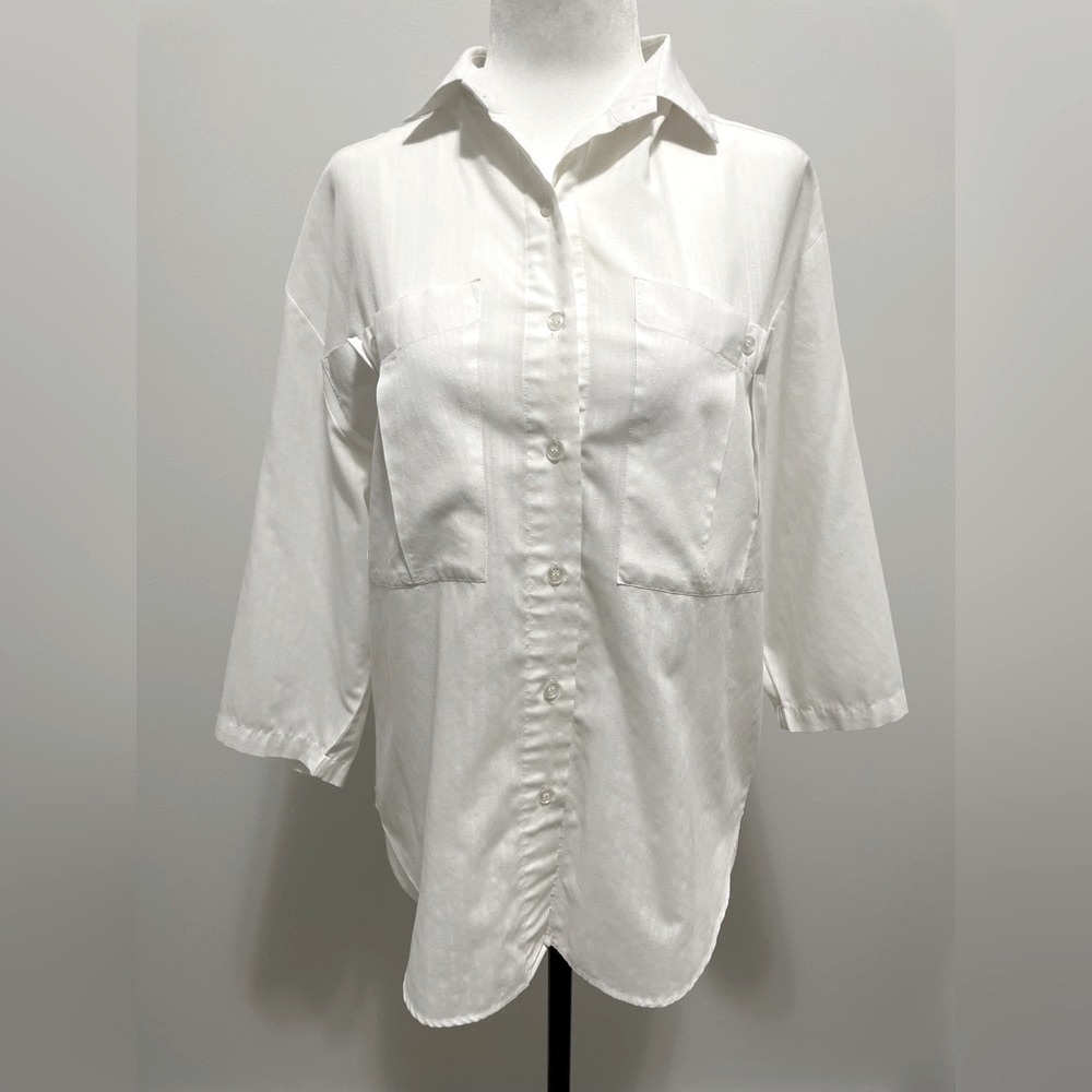Vintage White 3/4 length Sleeve Pinstripe Pattern Polka Dot Button Down Shirt
